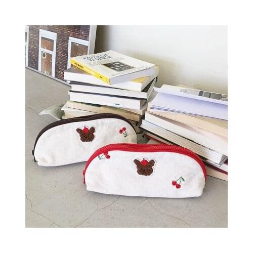 Korean literature and art retro style cherry puppy embroidery stationery pencil case female INS Japanese simple large-capacity