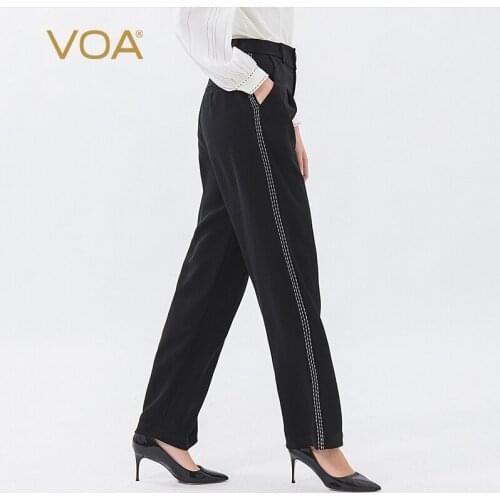 VOA Classic Black 60M/m Sky Silk Waist yi li kou Side Seam White Selvage Thin Fashion Wide Leg Pants K1266