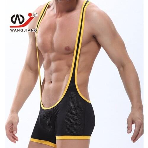 WJ Mens Underwear Manufacturers Wholesale Sexy Elastic Mesh U Shape Neck Breathable Jumpsuits