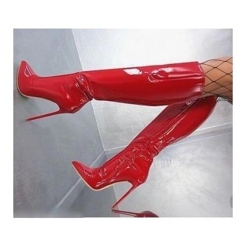 Hot Selling Red Patent Leather Knee High Women Boots Pointed toe Side Zipper Leather Thigh High Boots Plus Size 10 Customized