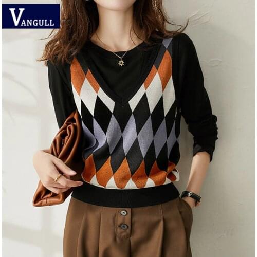 Vangull Argyle Plaid Women Sweater 2020 New Vest V-Neck Casual Vintage Pullover Knitted Sweater Soft Korean Loose Sleeveless Top