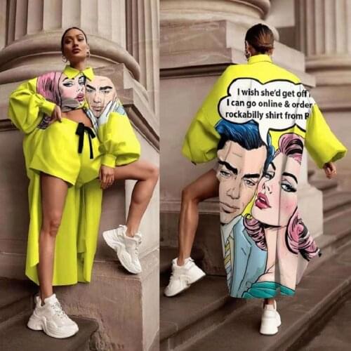 Womens Tracksuit New Carton Printed Long Sleeve Shirt Two-Piece Suit Female Street Fashion Shorts Sets Summer 2021 AB1