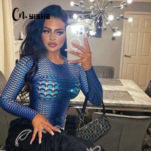 CNYISHE Printed Polka Dot Tight Bodysuit Rompers Women Jumpsuits Autumn Hipster Outfits Streetwear Body Suits for Women Overalls