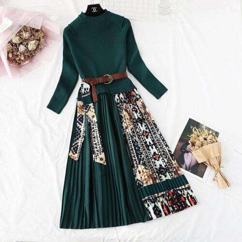Elegant Knitted Patchwork Pleated Midi Dress 2021 Autumn Fashion Women Long Sleeve Ethnic Retro Printing Pleated Dress with Belt