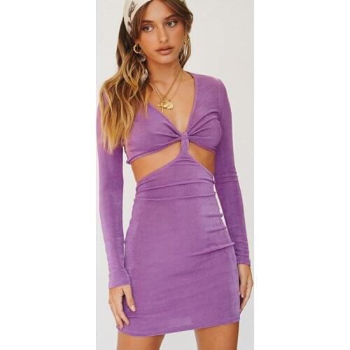 Purple Long Sleeve Hollow Out Sexy Mini Dress Women 2021 Autumn Bandage V Neck Patchwork Knitting Bodycon Dresses Party Ladies