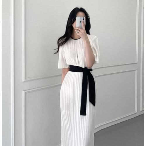 South Korea Women Vintage Dress Robe Femme Summer O-Neck Solid Color Elegant Party Plus Size Casual Office Midi Dress