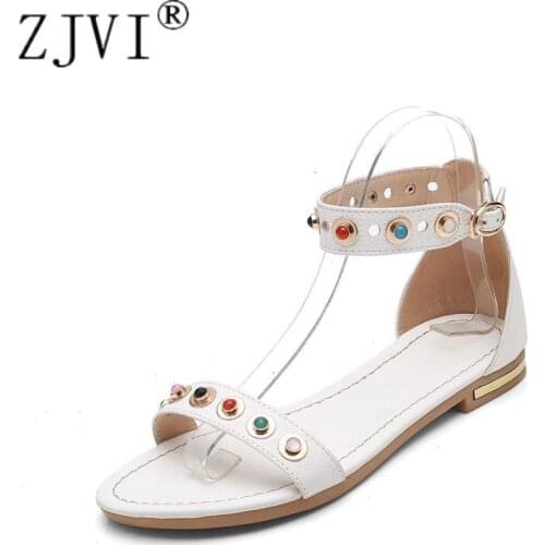 ZJVI Women 2021 Hot Summer Cow Leather Flat Sandals Womens Fashion Ladies Ankle Warp Sandal Woman Sexy Crystal Flats Party Shoes