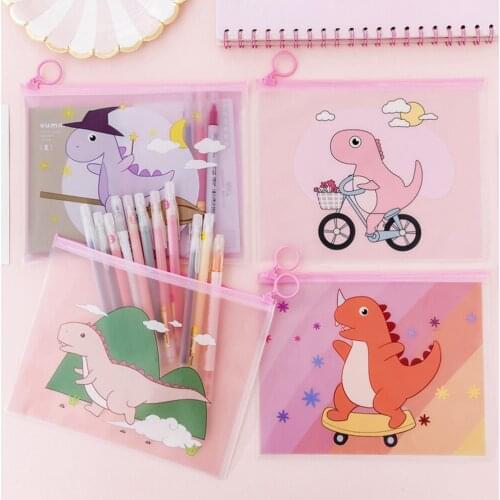 1 Pcs Cartoon Dinosaur Storage Bag Transparent Ring File Bag Pocket Folder Student Stationery Pen Bag Office School Supply
