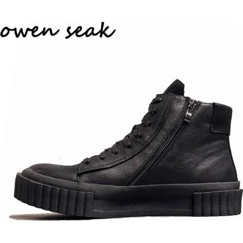 2018 Owen Seak Men Casual Shoes Genuine Leather High-TOP Men Ankle Boots Luxury Trainers Casual Zip Lace-up Flats Black Shoes