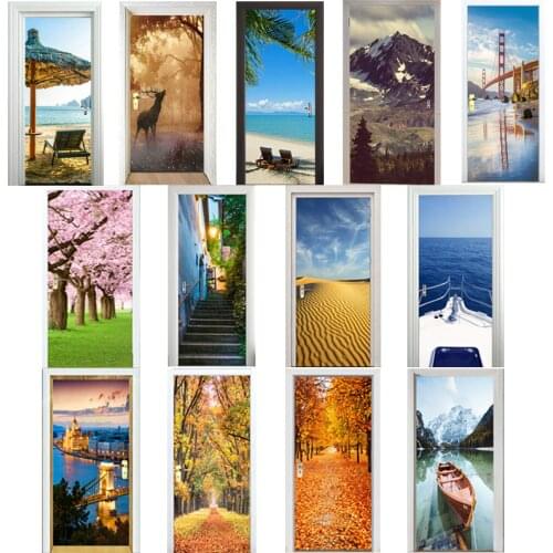 3D Door Stickers Cherry Tree Lake Boat Beach Umbrellas City Autumn Leaves Desert Elk Snow Mountain Cliff Home Decoration Paste