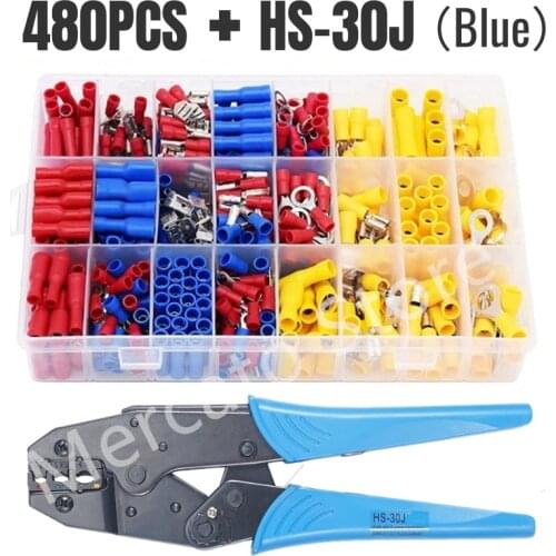 480PCS Assorted Spade Terminals Insulated Cable Connector Electrical Wire Assorted Crimp Butt Ring Fork Set Ring Lugs + Plier