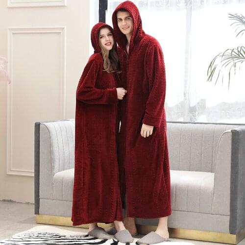 Lovers Autumn Winter Long Warm Women Men Hooded Solid Ankle Length Sleepshirts Kimono Grey Nightdress Night Wear Dress Gown