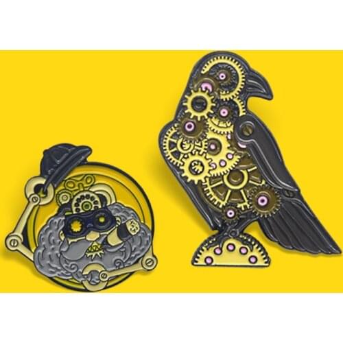 Punk Machine Bird Robot Enamel Pins Gear Turntable Crow Bird Eagle Machinist Brooches Lapel Bag Jewelry Gift for Kids Wholesale