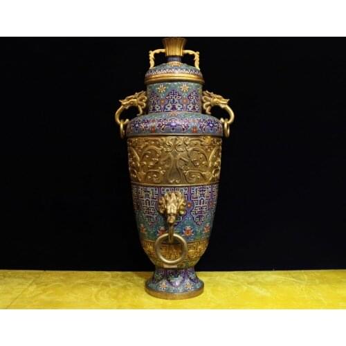 28" Chinese Pure Bronze cloisonne 24K Gold Foo Dog Lion Dragon Lug Vase Jar Pot