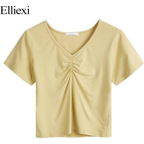 Elliexi Women Cotton T Shirt Pleat Summer Short t shirt Office lady Solid Candy color Tees Women V-Neck Slim Girl T-Shirts