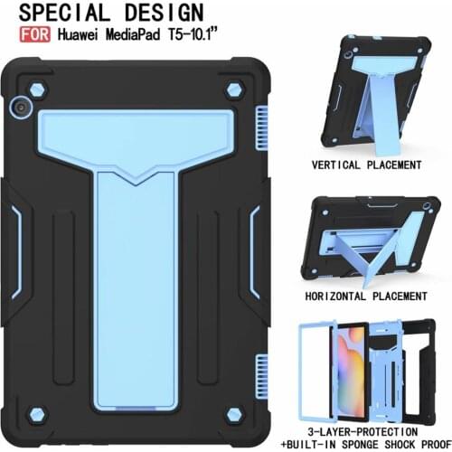 Hybrid PC+TPU Silicone Armor Holder Back Cover For Huawei MediaPad T5 10.1 inch Full Body Shockproof Protective Case