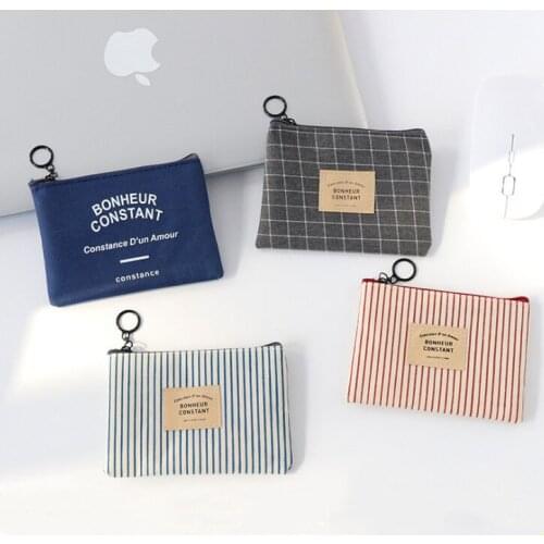 Unisex Canvas Coin Bag Purse Women Stripe Coin Money Card Holder Wallet Case Zipper Key Storage Pouch For Kid Girl Gift
