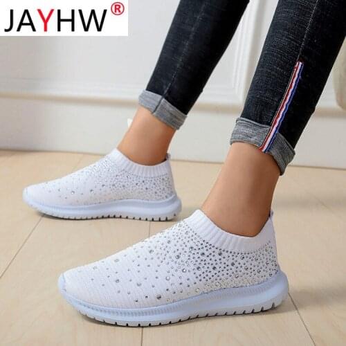 JAYHW Vulcanized Shoes Women Trainers Knitted Sneakers Ladies Slip-On Sock Shoes Sparkly Crystal Zapatillas Mujer Casual Shoes