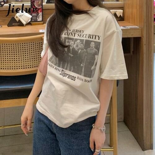 Jielur Summer Korean Style Letter Printing T-shirts Women White Retro Loose O-neck Short Sleeve T-Shirt Green Casual Top Femme