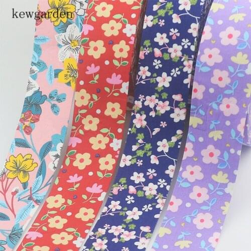 Kewgarden DIY Bow Ribbon Handmade Tape Printed Flower Pattern Fabric Layering Cloth Ribbons 2" 50mm 1" 25mm 10mm 6 Meters
