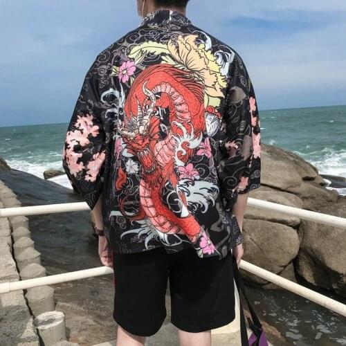 Kimono Cardigan Japanese Beach Shirt Men Traditional Style Dragon Sakura Printed Summer Beachwear Half Sleeves Open Stitch Tops