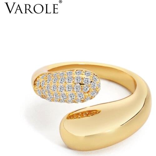 VAROLE Smooth Surface Ring with Crystal Punk Finger Rings For Women Gold Color Accessories Fashion Jewelry