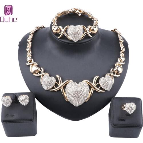 African Dubai Gold Jewelry Crystal Heart Necklace Bracelet Earrings Ring Women Italian Bridal Jewelry Sets Wedding Accessories