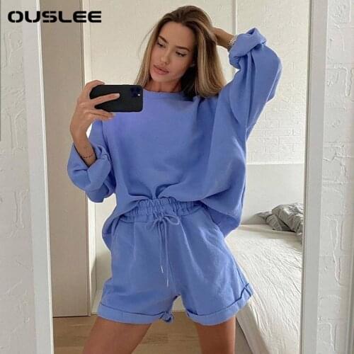 OUSLEE Women Tracksuit Two Piece Set Autumn Winter Streetwear Sweatshirt + Sporting Shorts Suits Outfit Solid y2k Solid Sets