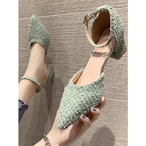Hot Sale Elegant Temperament High Heels Summer Leisure One-Word Buckle Comfortable Fabric Sexy Pointed Toe Ladies Single Shoes