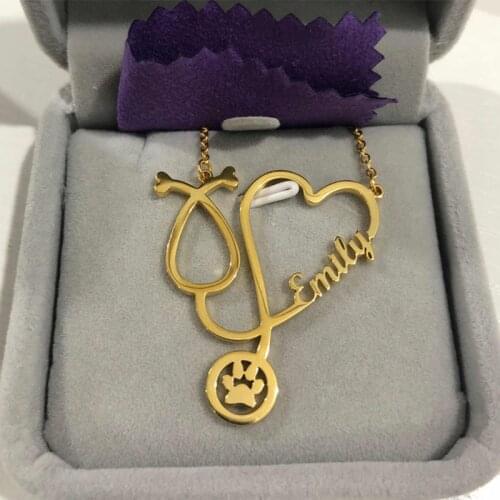 Custom Stainless Steel Medical Stethoscope Necklaces Heart with Name Necklace Choker Jewelry For Women Nurse Doctor Jewelry Gift