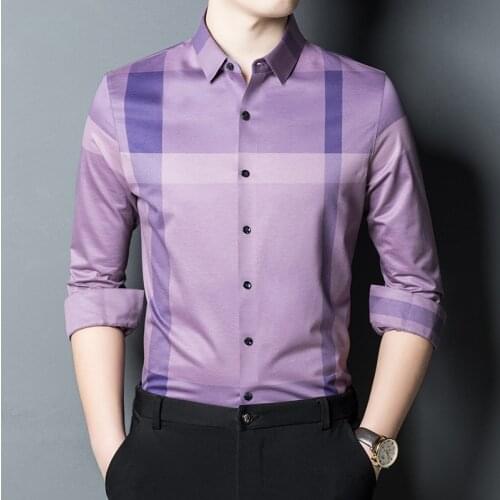 New 2021 Light Purple Wedding Dress Korean Style Silk Shirts For Mens Gent Casual Classic Big Size Clothes Elegant Fashion Blue