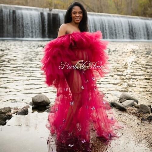 Charming Burgundy Ruffles Tiered Maternity Dresses See Thru A-line Pregnant Prom Gown Photo-shoot Sexy Robe Off The Shoulder