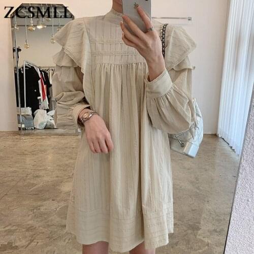 ZCSMLL Korean summer Stand-up Collar dresses Lace Stitching Loose Lantern Sleeve Doll solid color Dress for women Female