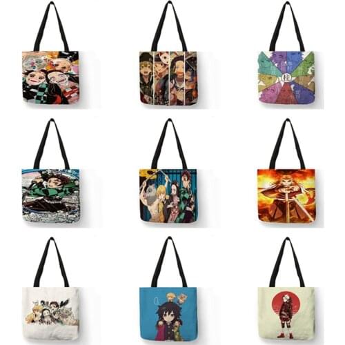 Hot Anime Demon Slaye Print Large Tote Bags Kimetsu no Yaiba Tanjirou Nezuko Reusable Shoulder Handbags Shopping Bag Foldable