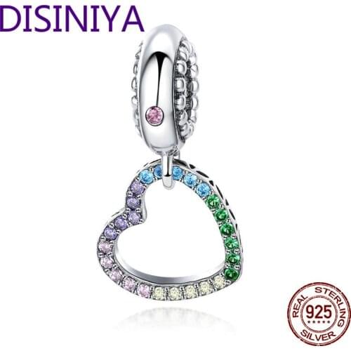 Romantic New 925 Sterling Silver Rainbow Heart Shape Charms Beads fit Bracelets Necklaces DIY Jewelry Accessories ZSCC896