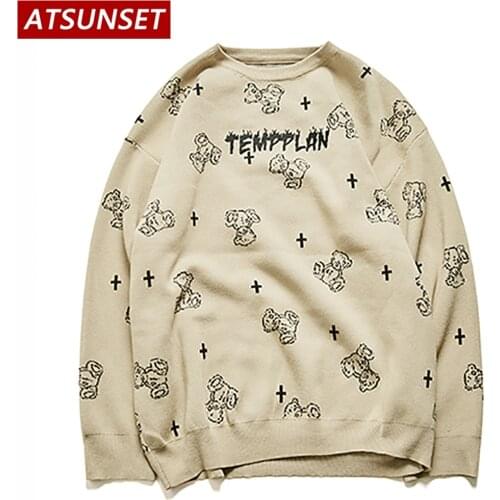 ATSUNSET Cartoon Full Print Bear Embroidery Sweater Harajuku Retro Style Knitted Sweater Autumn And Winter Cotton Pullover Tops