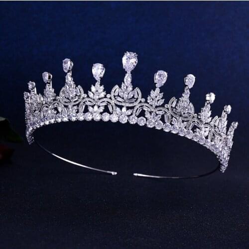 Top Quality Lux Wedding Bridal Bridesmaid leaf Cubic Zirconia Girls white plated zircon Big tiara crown / headband For Prom