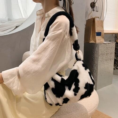 Women Flower Print Shoulder Bags Female Cow Print Leopard Zebra Pattern Underarm Bags Soft Plush Handbag Furry Fluffy Tote Bags