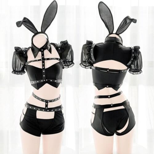 Punk Bunny Girl Role Play Costume Rivet Bondage Sexy Hollow Open Crotch Free Strap Underwear Set Erotic Costumes for Women