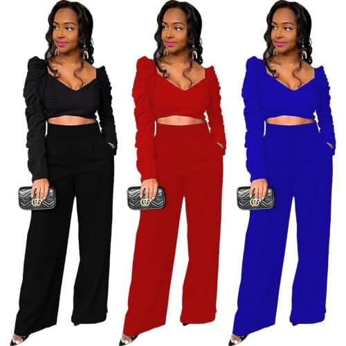 Ruched Long Sleeve Tracksuit 2 Pieces Sets Women Sexy Crop Top and Wide Leg Pants with Pockets Casual Solid Office Lady Outfit