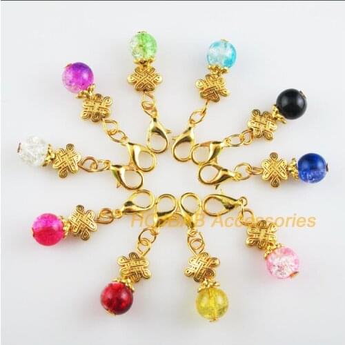 10 New Chinese Knot 10x21mm Charms Mixed Shivering Glass Gold Color Retro With Lobster Claw Clasps