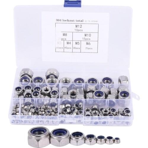 190Pcs/set M3 M4 M5 M6 M8 M10 M12 Stainless Steel Hexagon Nylon Lock Nuts Set Screws Hex Socket Furniture Bolts Kit