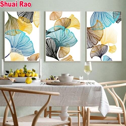 5d Diy Diamond Painting Mosaic"Ginkgo Leaves"Full Square/Round Drill Cross Stitch Blue Gold Leaves Embroidery Handmade Triptych