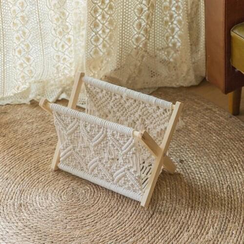 Wood Organizer Rack Modern Simple Handmade Woven Storage Rack Home Office Magazine Sundries Storager American Ethnic Style