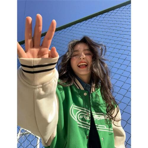 Womens Letter Embroidery Baseball Jacket Color Block Vintage Harajuku Jacket 2021 Spring Oversized V-Neck Coats Streetwear 2021