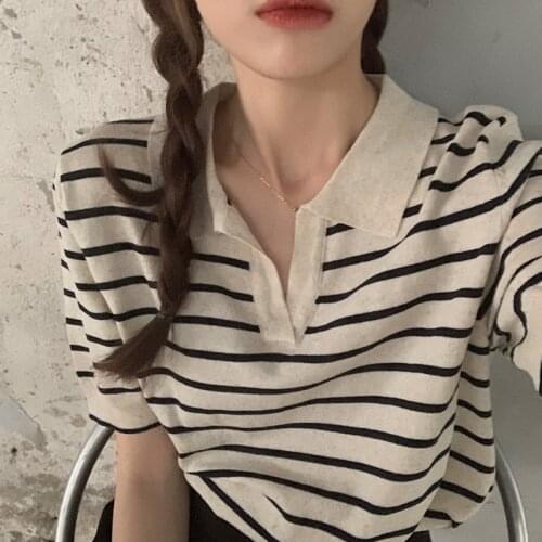 Summer Stripe T-shirt Womens Short Sleeve Polo Collar Design Small Loose Thin Knitwear Top Fashion Pullover Sweaters Knitted