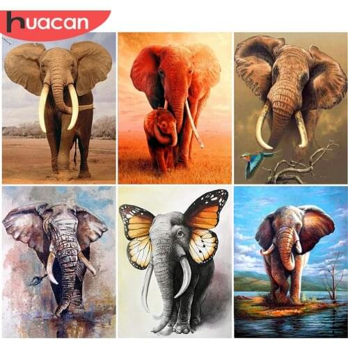 HUACAN Full Square Round Diamond Painting Elephant Picture Of Rhinestone Diamond Embroidery Animal Mosaic Needlework Home Decor