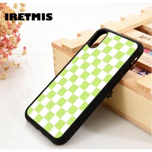 Iretmis 5 5S SE 6 6S TPU Silicone Rubber phone case cover for iPhone 7 8 plus X Xs 11 Pro Max XR Lime Green + White Checkerboard