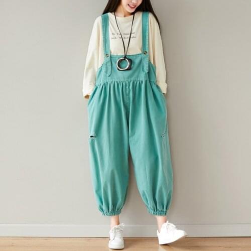 Women Baggy Jumpsuit Big Size Suspenders Linen Bloomers Boyfriend hole ripped Wide Leg Rompers Leisure streetwear Bib trousers