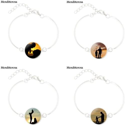 Mendittorosa Vintage Jewelry Silver Color Glass Cabochon Bracelet Bangle For Christmas Gift Father And Son